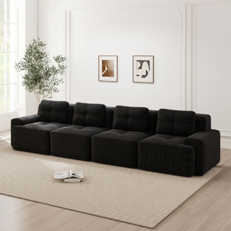 Sofá de pana recto, 4 plazas, para salón o dormitorio, asiento profundo, diseño moderno, base antideslizante - 382×104×69 cm, negro