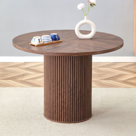 Mesa de comedor redonda, 100 cm, capacidad para 4-6 personas, tablero de MDF de 2,5 cm, patas cilíndricas con almacenaje, MDF + metal, color marrón