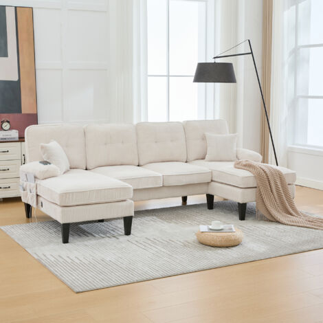 Sofá esquinero de 4 plazas en pana con 2 chaise longues, compartimentos portaobjetos y puertos USB/Tipo C, 250x130x88 cm, beige
