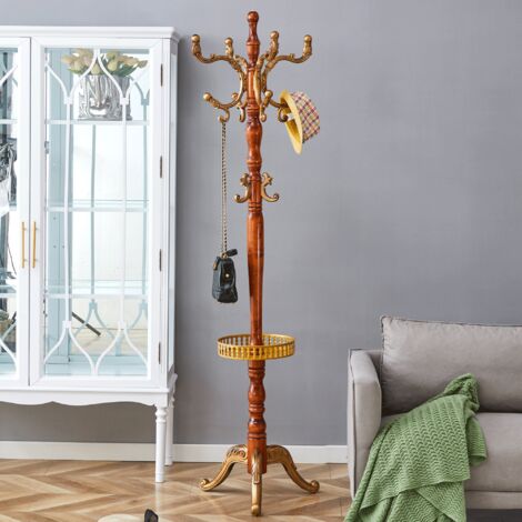 Perchero, ganchos de resina y base trípode, con patas antideslizantes, 195x31x48 cm, estilo europeo en veta de madera