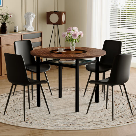 Conjunto de mesa de comedor redonda Ø100 cm efecto madera marrón con inserto de cristal y 4 sillas de PU negro, para cocina/comedor