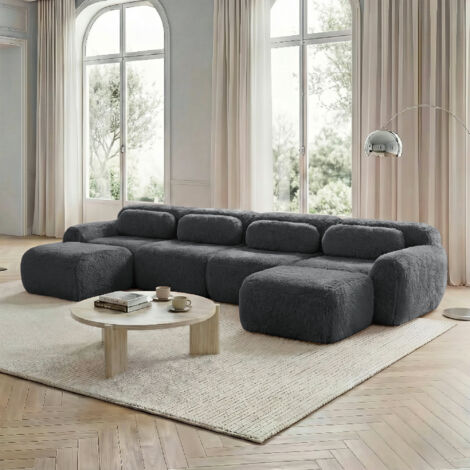 Sofá esquinero de tela mullida y espuma 32D, no requiere montaje, base antideslizante, cojines incluidos, mueble para salón/dormitorio - 4 plazas, 2 reposapiés, gris