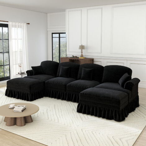 Sofá esquinero modular de 4 plazas en forma de U, de chenilla, con otomana, funda con volantes extraíble, ideal para salón o dormitorio, color negro (1/5)