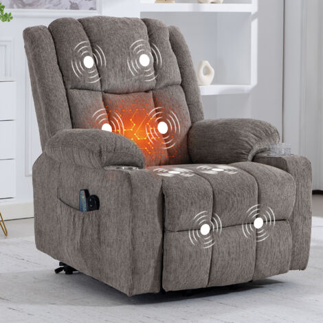 Sillón reclinable eléctrico con función de masaje y calefacción, respaldo y reposapiés ajustables, 2 bolsillos laterales y portavasos, terciopelo marrón claro