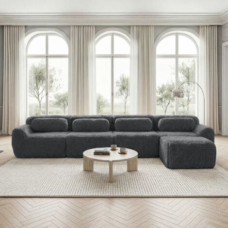 Sofá esquinero de tela mullida y espuma 32D, no requiere montaje, base antideslizante, cojines incluidos, mueble para salón/dormitorio - 4 plazas, gris