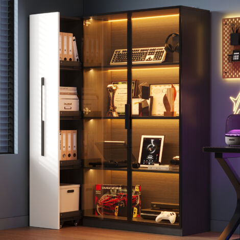 Vitrina LED con puerta de cristal, cajones laterales deslizantes, mueble de MDF con ruedas, 110,5 x 35 x 160 cm, blanco/negro - cajón izquierdo