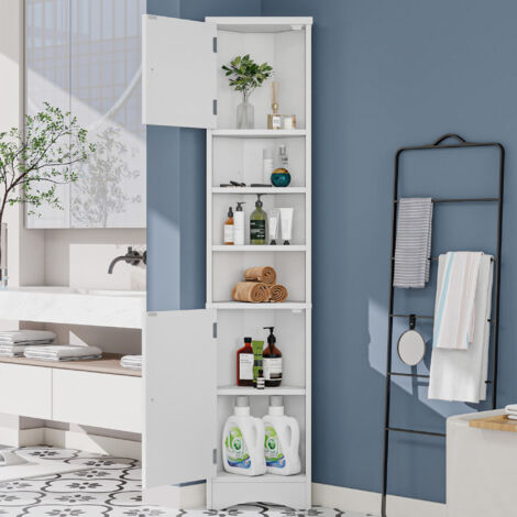 Mueble esquinero para baño, 170 cm de alto, estantes ajustables, MDF lacado, resistente a la humedad, 2 puertas + 3 nichos, blanco