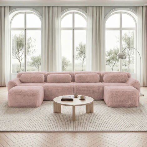 Sofá esquinero de tela mullida y espuma 32D, no requiere montaje, base antideslizante, cojines incluidos, mueble para salón/dormitorio - 4 plazas, 2 reposapiés, rosa