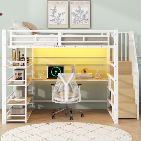 Cama alta para adultos de 140x200 cm, cama doble infantil con escritorio, LED, USB, estantes, metal blanco (1/5)