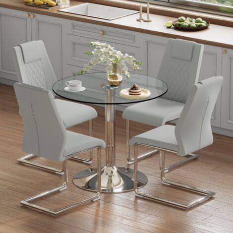 Conjunto de mesa de comedor redonda (Ø85 cm) con tablero de cristal transparente + 4 sillas de poliuretano gris claro con patas de metal plateado