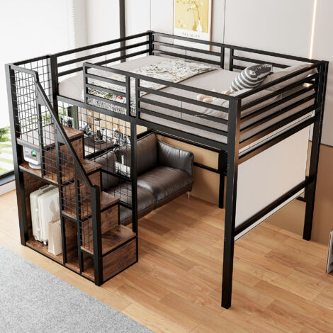 Cama alta para adultos de 140x200 cm con espacio de almacenamiento y escalera, de metal negro (1/5)