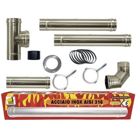 kit INOX tubos conducto de humos estufa de pellet dn 80 tubo de acero 316 no negro 600 CE Hecho en Italia UNI 1856-2