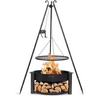Kit de brasero de jardín "MONTANA" de 80 cm con rejilla de trípode de 180 cm con grúa y parrilla de acero natural de 70 cm