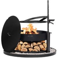 Kit de brasero de jardín multifuncional "MONTANA X" de 80 cm con parrilla de 60 cm, tapa de 82,0 cm y base decorativa redonda de piedra de 100 cm