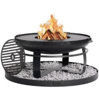 Kit brasero de jardín "VIKING" 80 cm con placa parrilla 78 cm con 4 mangos, parrilla 37 cm y base decorativa redonda de piedra 100 cm