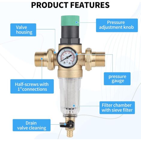 QWORK Wasserdruckminderer 1 Zoll Mit Manometer – Messing Druckregler Inkl. 40 µm Siebfilter – Einstellbar 1,5–6 Bar, Für Hauswasseranlagen