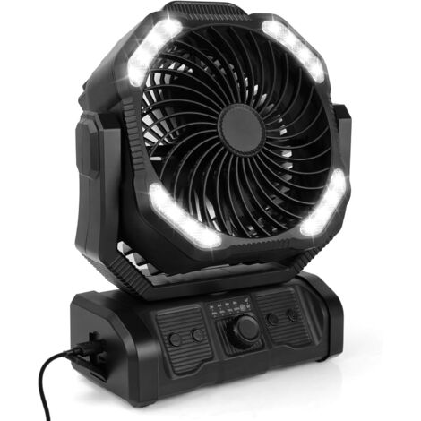 20000 mAh USB-Campingventilator mit LED-Licht, tragbarer wiederaufladbarer Schreibtisch-/Zeltventilator mit Fernbedienung und Haken, 270°-Kopfdrehung für Pannenangeln, Hurrikan