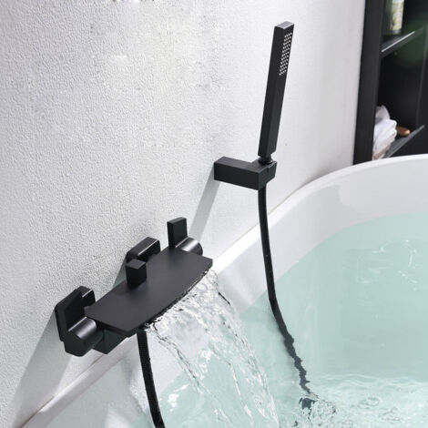 An der Wand montierter Wasserfall-Badewannen-Mischhahn, Badewannenhahn, an der Wand montierter Wasserfall-Duschkopf, heißer und kalter Badewannenhahn (schwarz)
