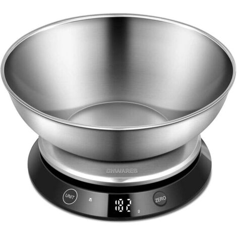 Küchenwaage mit Schüssel, wiederaufladbare USB-Lebensmittelwaage, präzise digitale Küchen-Gebäckwaage, Edelstahl, max. 5 kg, mit abnehmbarer 1,4-Liter-Schüssel, Tara, automatische Abschaltung