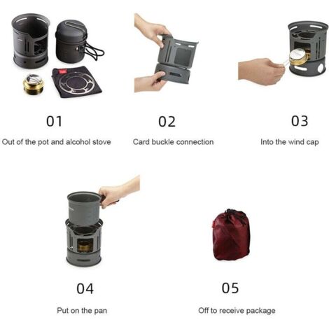 Camping-Spirituskocher-Set aus Aluminiumlegierung, Holzkohle-Holzbrenner, tragbarer Picknick-Grillofen, winddichter Wärmer, Kochofen für den Außenbereich, Schüssel, Topf, Zubehör-Set (schwarz) (1/5)