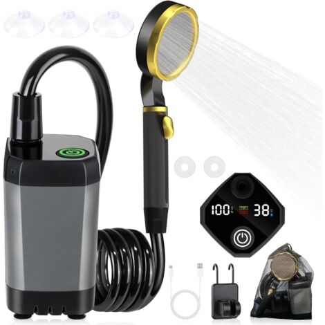 Campingdusche, Tragbare Dusche 7800 Mah, Wiederaufladbare Pumpe mit intelligenter Digitalanzeige mit LED-Anzeige, Campingduschkopfdüse für Camping, Campingdusche