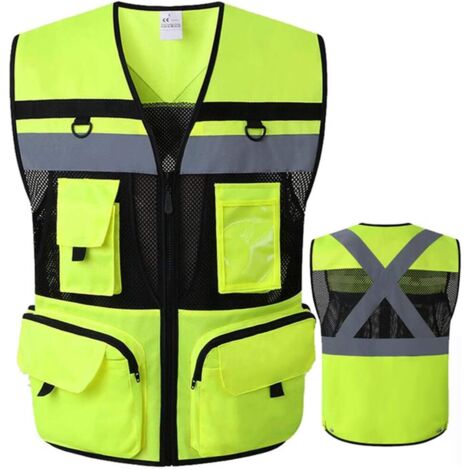 ANSI Gelb Schwarz Warnweste mit 9 Taschen, reflektierende Sicherheitsweste, Netzstoffweste mit großen Taschen für Männer und Frauen (Gelb Schwarz)