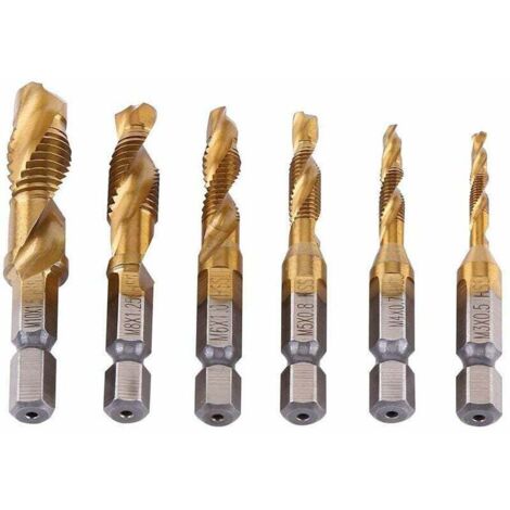 Metrischer Gewindebohrer, HSS-Gewindebohrer-Bohrer, 6-teiliges Bohrer-Set, Senker-Gewindebohrer-Hammerbohrer (M3-M10) für Titan-Sechskantgewinde, Sechskantschaft-Bohrer für Metall und Holz (1/5)