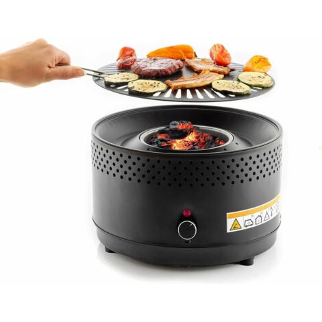 Tischgrill, Holzkohlegrill ohne Rauch und Geruch, tragbarer Grill zum Kochen drinnen und draußen mit allem Komfort, anpassbar mit Batterien oder USB-C-Anschluss.