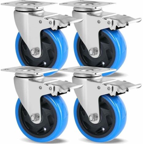 4er-Set Lenkrollen, 100 mm Möbelrollen, bis zu 600 kg, Schwerlastrollen mit Bremse, 360° drehbar, Gummirollen, keine Spuren auf dem Boden