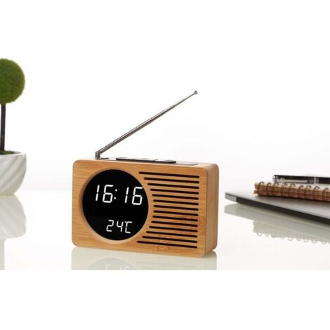 Retro-hölzerner Nachttisch-Radio-Lazy-Wecker, stummgeschalteter Wecker, kreatives Geschenk, elektronische Uhr, 16,5 4,5 9 cm, Bambusspiegel, echtes weißes Licht (1/3)