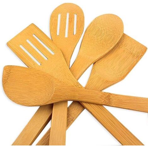 5 utensili da cucina in legno per padelle antiaderenti, set di accessori completi, cucchiaio, spatola, girarrosto, non tossico, deformazione, durata, ergonomico