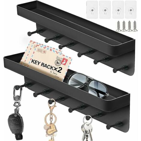 Set 2 Portachiavi da Muro con 6 Ganci, Portachiavi da Muro in Metallo con Mensola Portaoggetti, Appendiabiti da Parete Portariviste Senza Foratura, per Soggiorno, Bagno, Cucina, Nero (1/5)