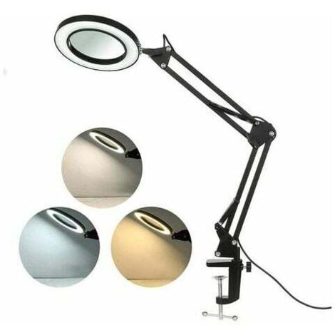Lampada di ingrandimento a LED con morsetto, lente di ingrandimento con luce da 8 diottrie, lampada di ingrandimento illuminata, braccio girevole a 3 colori, luce dimmerabile per la lettura, per tavol