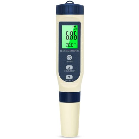 Misuratore di pH, 5 in 1 PH/TDS/EC/Salinità/Termometro, Tester di pH con display LCD, Compensazione automatica della temperatura, Misuratore di pH elettronico, Adatto per acqua potabile, acquari, pisc (1/5)