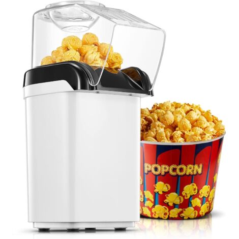 Macchina per popcorn, 1200 W, aria calda, senza olio, funzionamento con un solo pulsante, pronta in 2 minuti, protezione da surriscaldamento, bianco