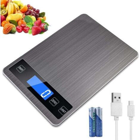 Báscula de cocina de precisión de 5 kg/1 g, báscula electrónica de acero inoxidable con pantalla LCD retroiluminada táctil sensible, apagado automático y función de tara, con batería. (1/5)