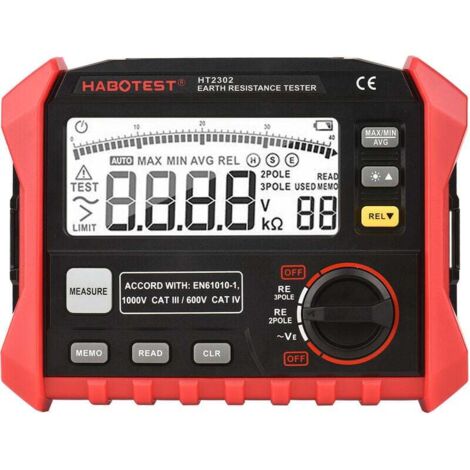 HABOTEST HT2302 - Comprobador digital de resistencia de tierra (0 ohmios a 4000 ohmios, 100 grupos, almacenamiento de datos, pantalla LCD retroiluminada y estuche de transporte, color negro y rojo)
