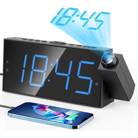 Proyector azul, proyector de techo de 180°, reloj despertador con pantalla LED de 7" para niños y dormilones, reloj despertador dual + batería de techo + función de repetición + brillo ajustable + ton