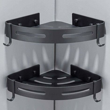 Juego de 2 estantes de ducha de esquina sin taladrar, almacenamiento para ducha de baño, accesorio de baño, soporte para jabón de ducha, aluminio antioxidante con ganchos negros