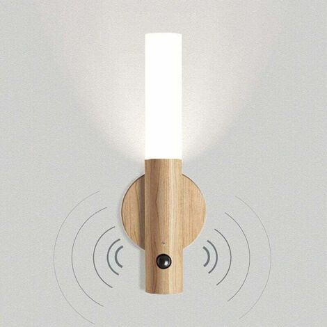 Lámpara de pared LED de madera vintage con batería, sensor de movimiento, recargable por USB, inalámbrica, magnética, de noche, para niños, luz de noche, color blanco cálido [Cl (1/5)
