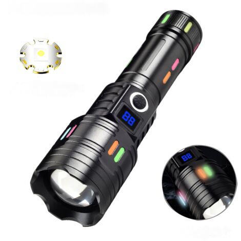 Linterna LED M1, potente linterna recargable con 4 modos y zoom, 【Lente de 3 colores】 Mini linterna a batería para camping, senderismo y emergencias, color negro [Clase energética A+++]