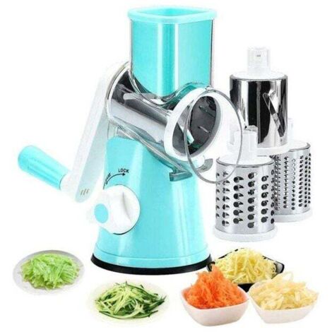 Rallador de queso rotatorio manual y rebanador de mandolina para verduras, frutos secos, zanahorias, pepinos y calabacines. Múltiples cuchillas de acero inoxidable (azul). (1/5)
