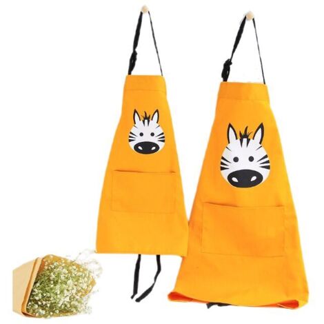 Delantal de cocina de 2 piezas con diseño de animales y bolsillos, impermeable, de algodón y lino, para adultos y niños, con diseño de cebra amarilla, tallas S y L para adultos. (1/5)