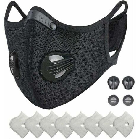 Mascarilla facial reutilizable antipolvo, deportiva, talla M, con filtro de carbón activado y válvulas, para motociclismo, ciclismo, running y actividades al aire libre (1 negra + 8 filtros)
