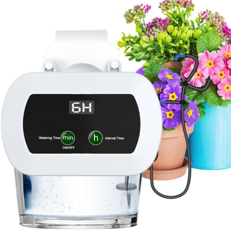 Sistema de riego automático, pantalla LCD, kit de riego por goteo con 30 tiempos y 10 intervalos de riego, sistema de riego interior impermeable y fuente de alimentación. (1/5)