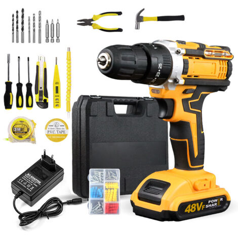 Taladro atornillador inalámbrico de 48 V, destornillador con 2 baterías de 2,0 Ah, par de impacto de 42 Nm, 20 accesorios, 2 velocidades, LED, para bricolaje, amarillo
