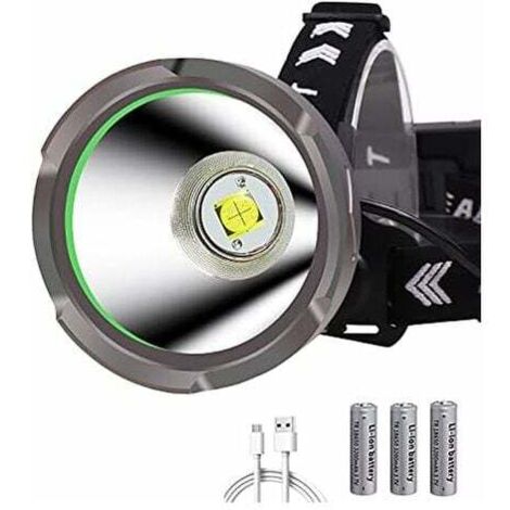 Linterna frontal LED recargable de gran potencia, 15 000 lúmenes, WESLITE XHP90 de largo alcance, foco LED ultrapotente, 4 modos de iluminación, reflector de aluminio (grande).