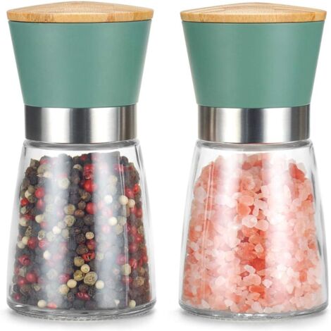 Molinillo manual de sal y pimienta con tapa de bambú - Molinillo de sal y pimienta grueso ajustable - Fresa de cerámica recargable, regalo de cocina, salero y pimentero, verde (1/5)