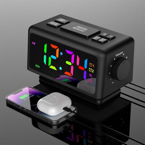 Radio despertador digital, reloj digital LED, con 2 modos de alarma, temporizador, atenuador continuo, volumen de alarma ajustable, función de repetición, 12/24 horas, puerto USB (negro) (1/5)