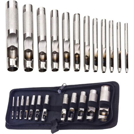 Kit de 12 herramientas para perforar cuero hueco, para cuero, correas de reloj, lona y ojales de 3 mm a 19 mm (metal) (1/5)